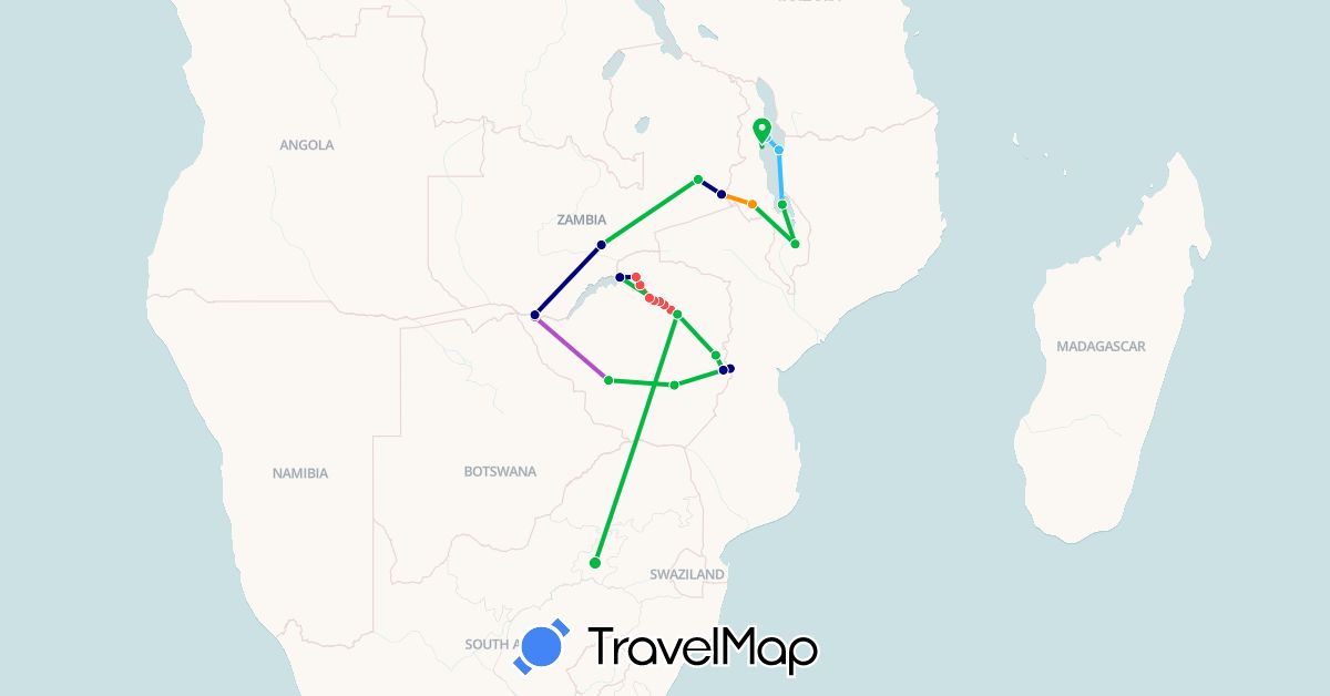 TravelMap itinerary: driving, bus, train, hiking, boat, hitchhiking in Malawi, South Africa, Zambia, Zimbabwe (Africa)